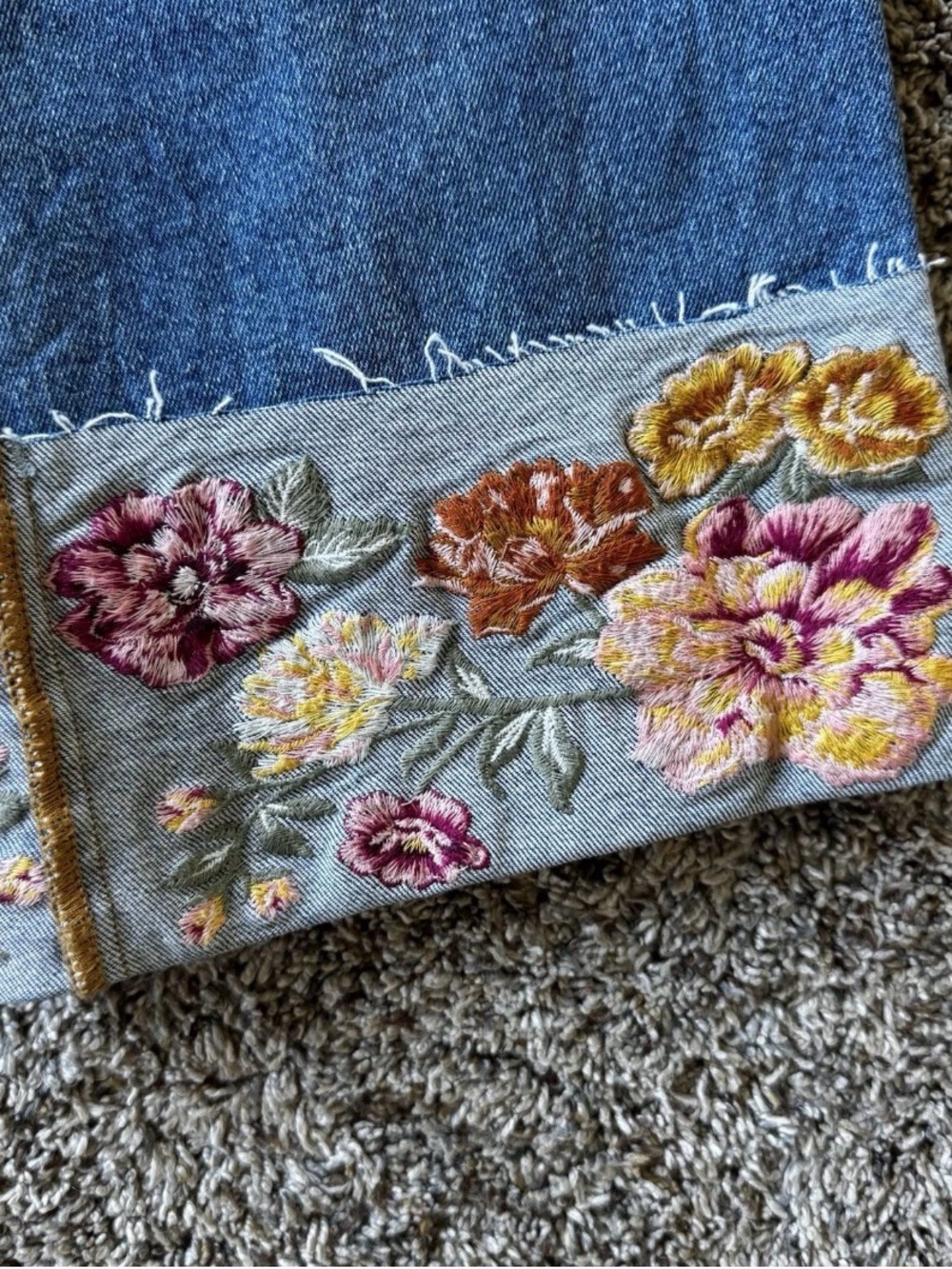 DRIFTWOOD Blue Straight Leg Jeans with Floral Embroidered Cuffs - Picture 6 of 7